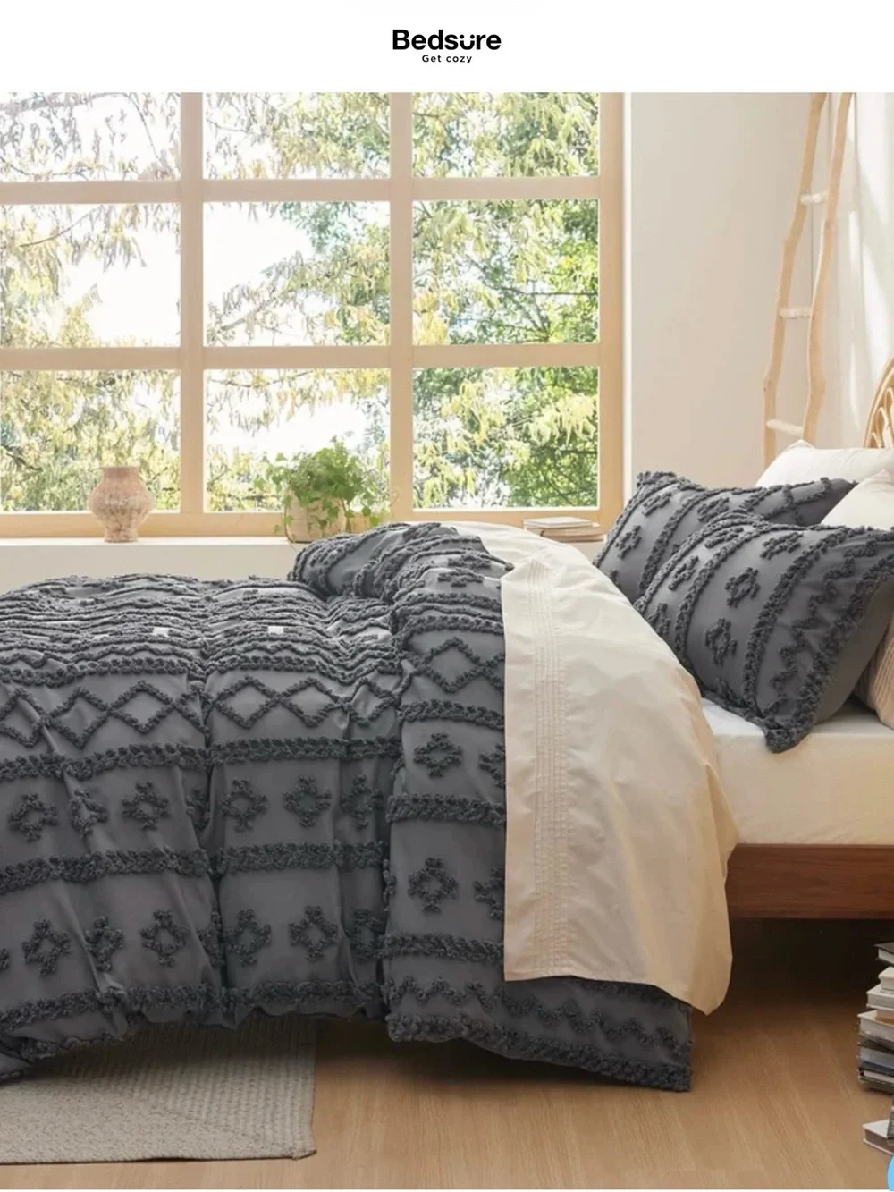 Bedsure Charcoal Textured Tassel Duvet Cover - Charcoal